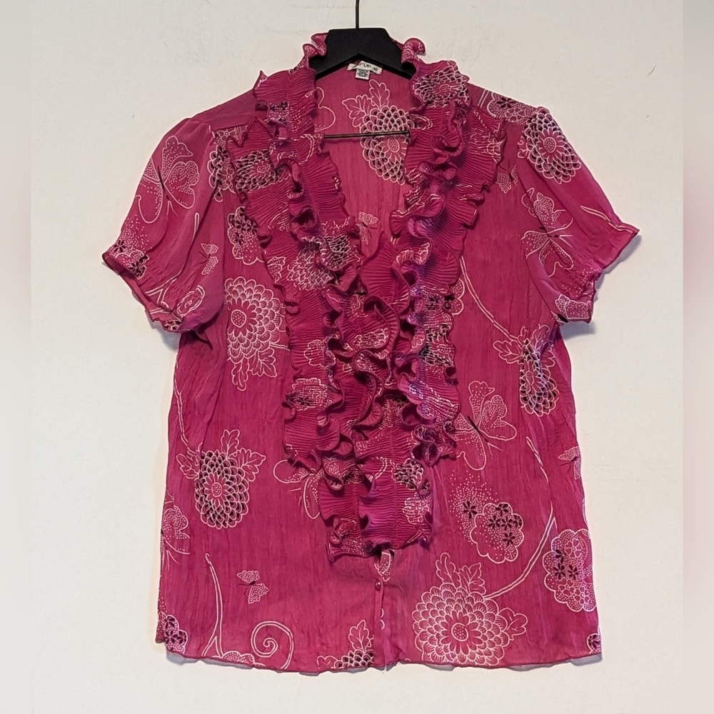 Jaipur Pink Floral Ruffle Blouse Womens XL Short Sleeve V-Neck Crinkle Top